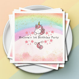 Cute Pastel Unicorn & Rainbow First Birthday  スタンダードカクテルナプキン