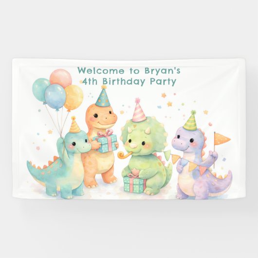 Cute Pastel Watercolor Dinosaurs Birthday 横断幕 (横)