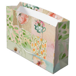 Cute pastel watercolor floral and illustrations ラージペーパーバッグ