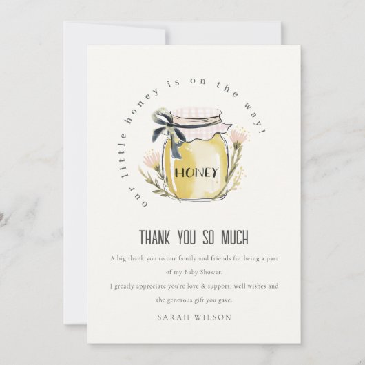 Cute Pastel Watercolor Honey Jar Baby Shower サンキューカード (正面)