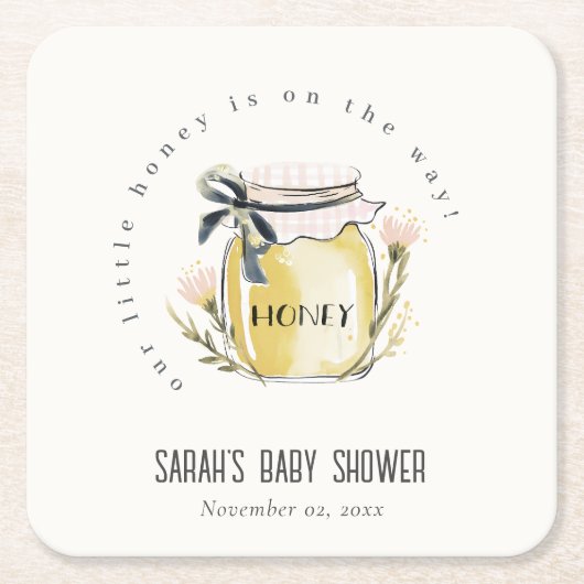 Cute Pastel Watercolor Honey Jar Baby Shower スクエアペーパーコースター (正面)