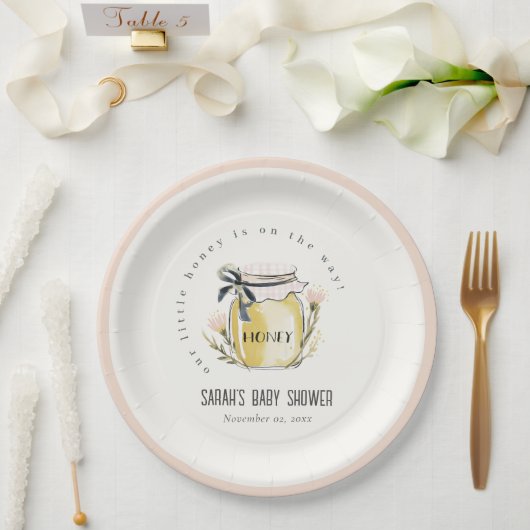 Cute Pastel Watercolor Honey Jar Baby Shower ペーパープレート (ウェディング)