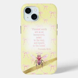 Cute Pastel Yellow Pink Bow Grid Bible Pink Bee iPhone 15ケース