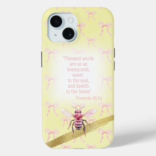 Cute Pastel Yellow Pink Bow Grid Bible Pink Bee Case-Mate iPhoneケース (裏面)