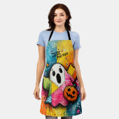 Cute Patchwork Ghost Colorful Splatter Art エプロン (着用した状態)