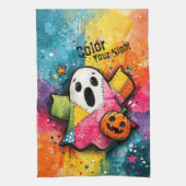 Cute Patchwork Ghost Colorful Splatter Art キッチンタオル (縦)