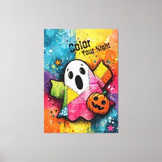 Cute Patchwork Ghost Colorful Splatter Art キャンバスプリント (正面)