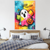 Cute Patchwork Ghost Colorful Splatter Art キャンバスプリント (インサイチュ (寝室))