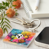 Cute Patchwork Ghost Colorful Splatter Art キーホルダー (正面右)