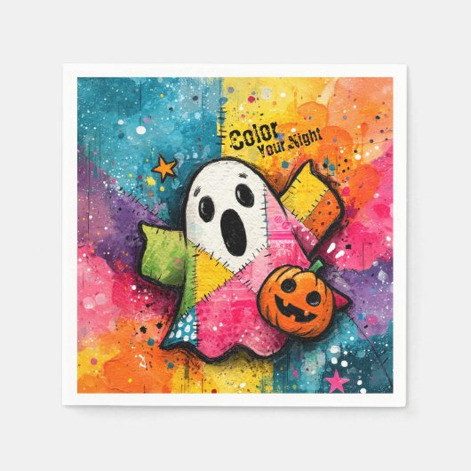 Cute Patchwork Ghost Colorful Splatter Art スタンダードカクテルナプキン (正面)