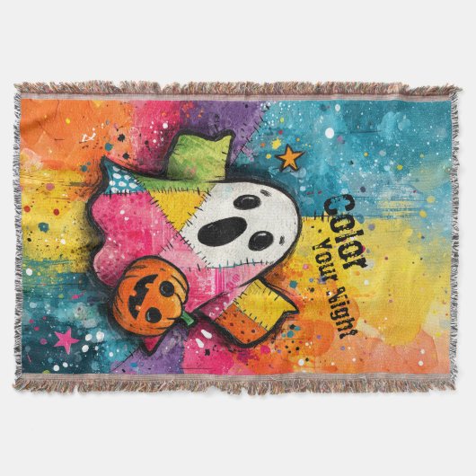 Cute Patchwork Ghost Colorful Splatter Art スローブランケット (正面)