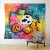 Cute Patchwork Ghost Colorful Splatter Art タペストリー (インサイチュ(横))