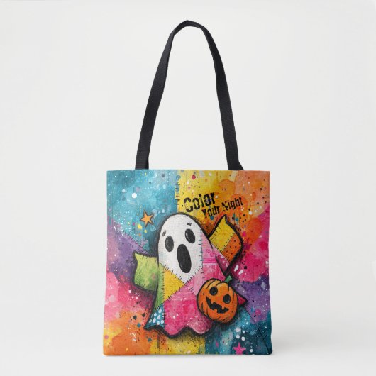 Cute Patchwork Ghost Colorful Splatter Art トートバッグ (正面)
