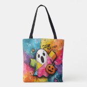 Cute Patchwork Ghost Colorful Splatter Art トートバッグ (裏面)