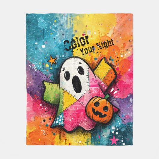 Cute Patchwork Ghost Colorful Splatter Art フリースブランケット (正面)