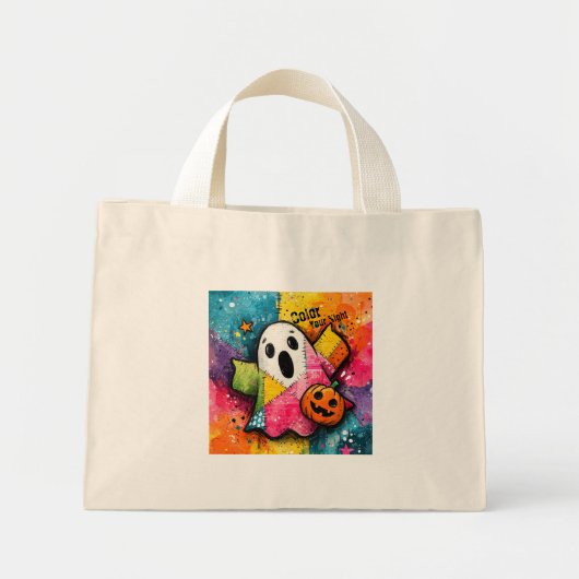 Cute Patchwork Ghost Colorful Splatter Art ミニトートバッグ (正面)