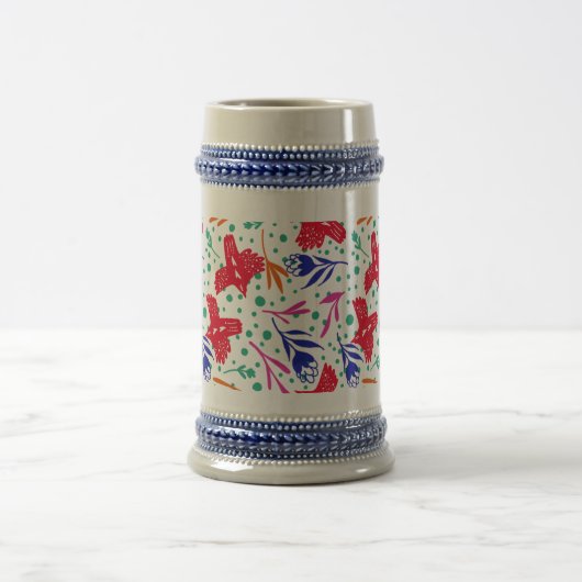 Cute pattern of birds and flowers ビールジョッキ (中央)
