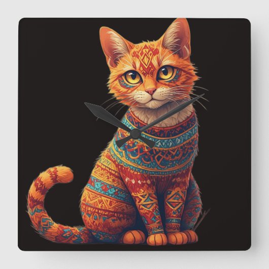 Cute Patterned Cat Illustration Folk Art Style スクエア壁時計 (正面)