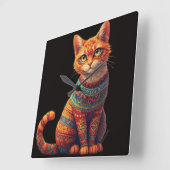 Cute Patterned Cat Illustration Folk Art Style スクエア壁時計 (傾斜)