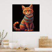Cute Patterned Cat Illustration Folk Art Style ポスター (キッチン)