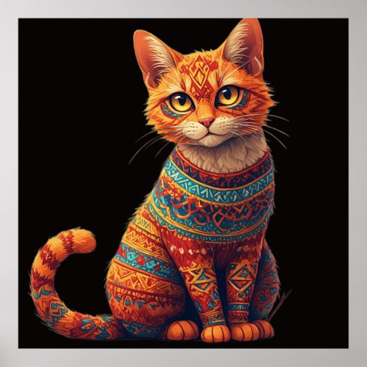 Cute Patterned Cat Illustration Folk Art Style ポスター (正面)