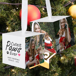 Cute Paws Dog Pet First Christmas 3 Photo Keepsake キューブオーナメント