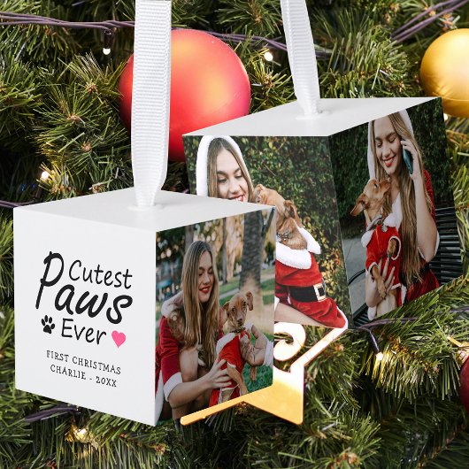 Cute Paws Dog Pet First Christmas 3 Photo Keepsake キューブオーナメント