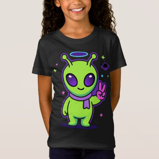 Cute Peace Alien Kawaii Space Alien T-Shirt Desi Tシャツ (正面)