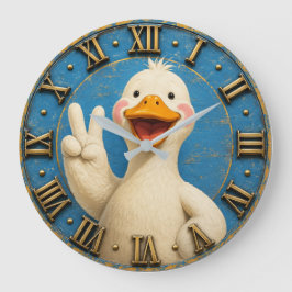 Cute Peace Sign Duck Funny Farmhouse Animal ラージ壁時計