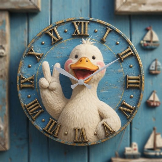 Cute Peace Sign Duck Funny Farmhouse Animal  ラージ壁時計