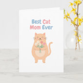 Cute Peach Cat Holding Flowers Illustration カード (黄色い花)