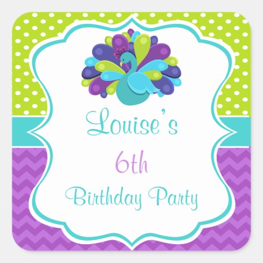 Cute Peacock Green and Purple スクエアシール (正面)