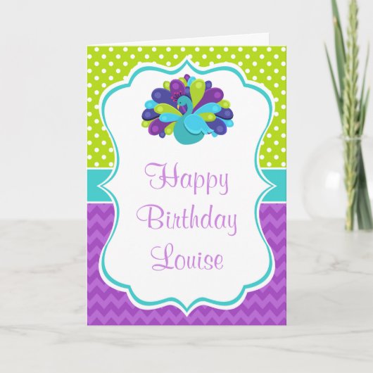 Cute Peacock Green and Purple Birthday  カード (正面)