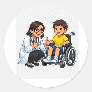Cute pediatric doctor and wheelchair boy sticker ラウンドシール