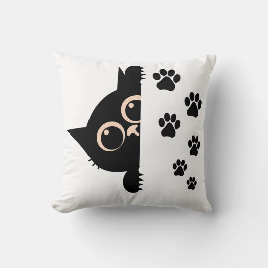 Cute Peeking Cat Pillow with Paw Prints クッション (正面)