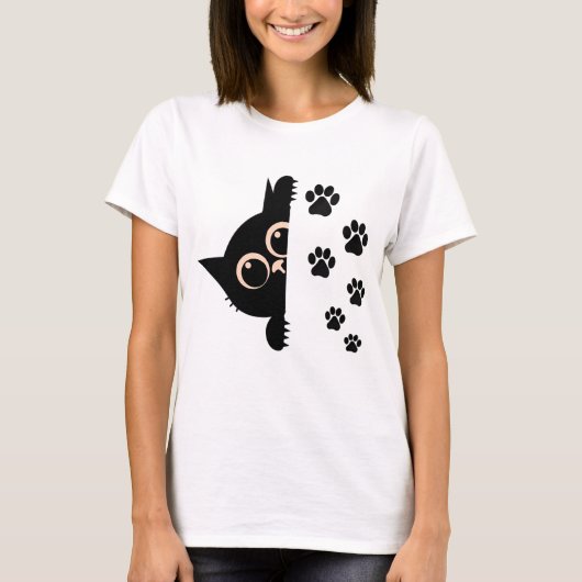 Cute Peeking Cat T-Shirt with Paw Prints Tシャツ (正面)