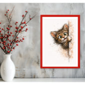 Cute Peeking Cat Wall Art Minimalist Kitty Print ポスター