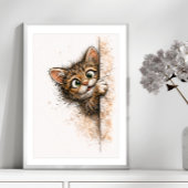 Cute Peeking Cat Wall Art Minimalist Kitty Print ポスター