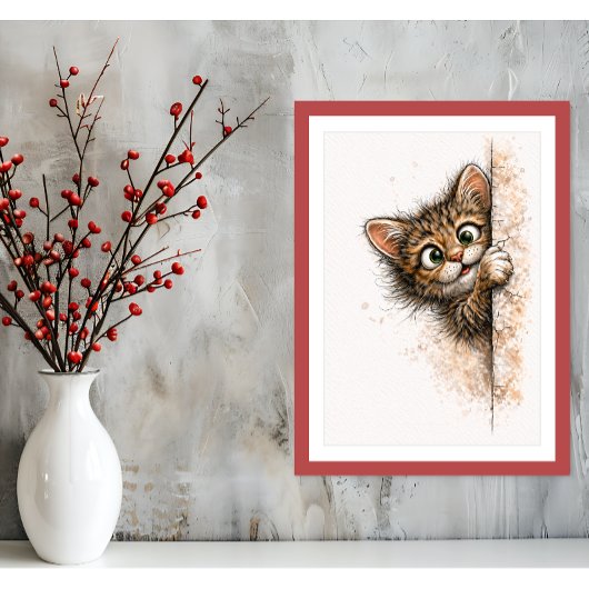 Cute Peeking Cat Wall Art Minimalist Kitty Print ポスター