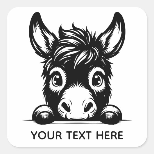Cute Peeking Donkey Sticker with Custom Text スクエアシール (正面)