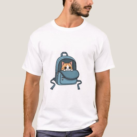 Cute Peeking Orange Tabby Cat in Blue Backpack Tシャツ (正面)