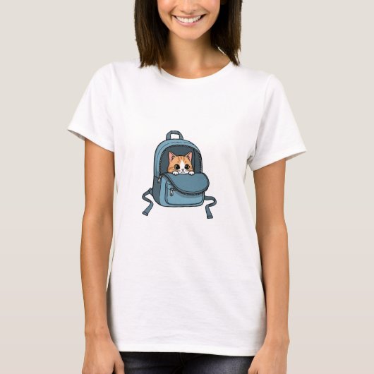Cute Peeking Orange Tabby Cat in Blue Backpack  Tシャツ (正面)