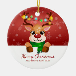 Cute Peeking Reindeer Christmas Greeting セラミックオーナメント