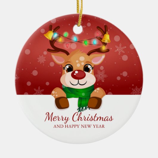 Cute Peeking Reindeer Christmas Greeting セラミックオーナメント (正面)