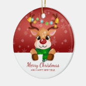 Cute Peeking Reindeer Christmas Greeting セラミックオーナメント (左)