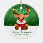 Cute Peeking Reindeer Christmas Greeting セラミックオーナメント (裏面)