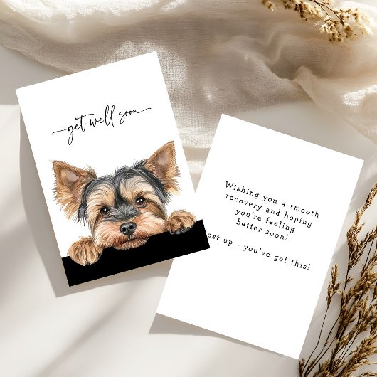 Cute Peeking Yorkie Script Get Well Soon カード
