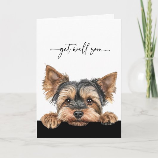 Cute Peeking Yorkie Script Get Well Soon カード (正面)