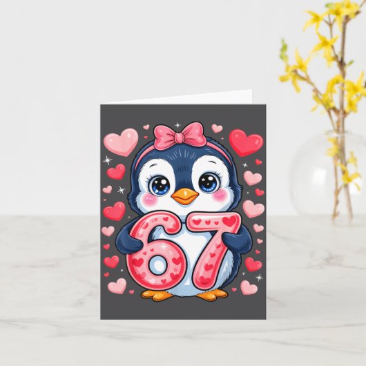 Cute Penguin 67 Six Seven Valentine Hearts 6 7 Mem カード (黄色い花)