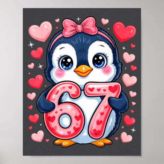Cute Penguin 67 Six Seven Valentine Hearts 6 7 Mem ポスター (正面)